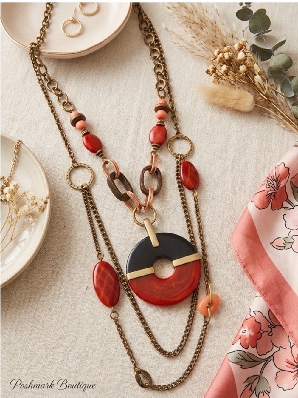 Premier Designs Red and Black Multi-Strand Statement Necklace